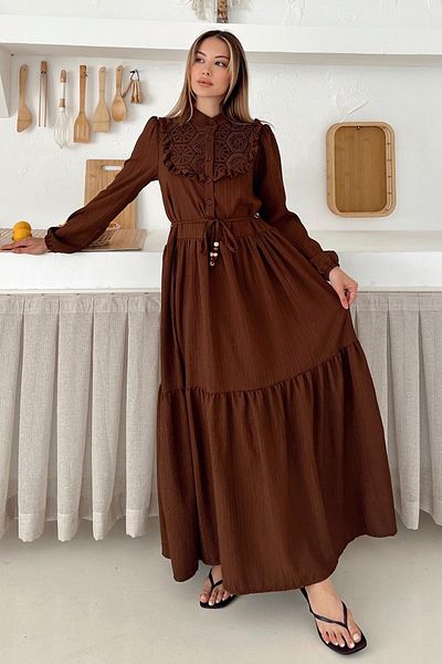 Olcay Lined Dress with Ruffles and Guipure Detail on the Front Brown 9322-E