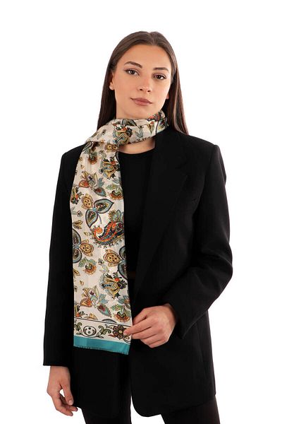 Bursa İpek Beige Shawl Pattern Voile Silk Scarf