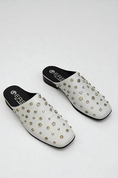 ERS Air Comfort Women's Stone Detailed White Genuine Leather Sabo Slippers - Comfortable and Stylish Design