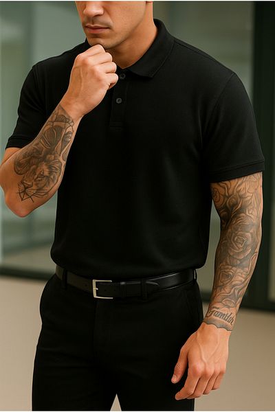 Buteks Unisex Black Sports Button Cotton Casual Short Sleeve Regular Fit Polo T-Shirt