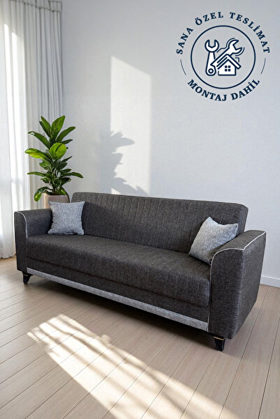 Niron Sandıklı Yataklı 3'lü Kanepe - Antrasit Keten Kumaşlı Yüksek Ayaklı Çek...