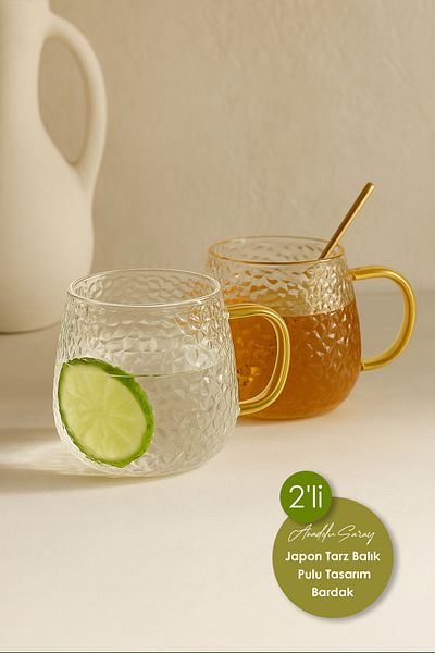 Anadolu Saray 2 Pcs Japanese Style Fish Scale Design Heat Resistant Borosilicate Coffee Presentation Cups with Handles