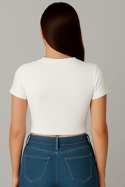 Seamoda Crew Neck Short Sleeve Crop Rib Tshirt Off White