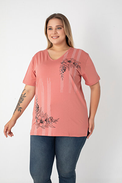 Orly More Printed Slit Cotton Women's V-Neck Plus Size T-Shirt