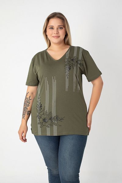 Orly More Printed Slit Cotton Women's V-Neck Plus Size T-Shirt