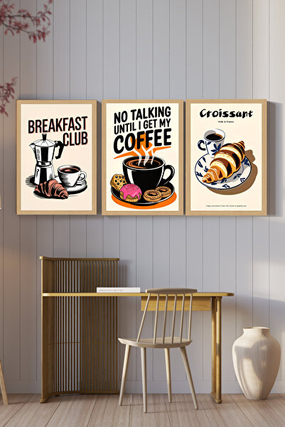 kutuTR 🥐 Kahvaltı Kulübü – Retro Tarz 3’lü MDF Tablo Seti (Çerçevesiz - 3 Eb...