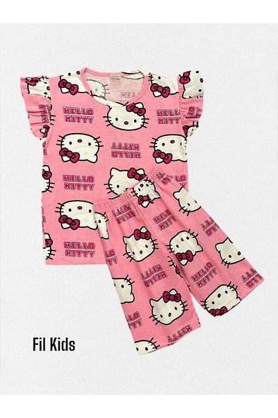 Fil Kids Girls' Cotton Summer Thin Fabric Pink Cat Pattern Short-Sleeved Shorts Summer Pajamas Set