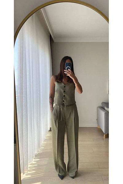 cn novembersun Women's Black Linen Trousers Vest Suit