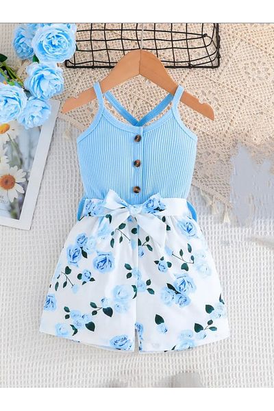 OEM Salopeta scurta fete din Bumbac, imprimeu floral, 4-5 ani, 104-110 cm