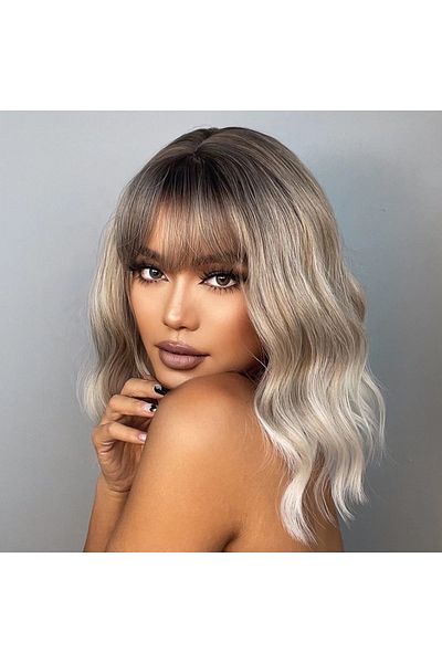 animis beauty Ombre BLOND bob wig, synthetic fiber with natural look, medium wavy hair, with bangs, 36 cm