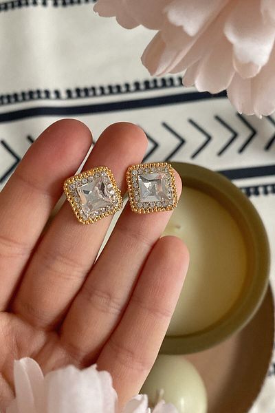 Glaren Minimal Square White Stone Gold Color Evening Dress Women's Earrings