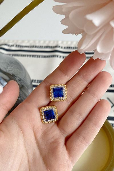 Glaren Minimal Square Navy Blue Stone Evening Dress Women's Earrings