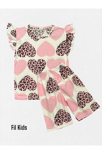 Fil Kids Girls' Cotton Summer Thin Fabric Pink Heart Leopard Print Short-Sleeved Shorts Summer Pajamas Set
