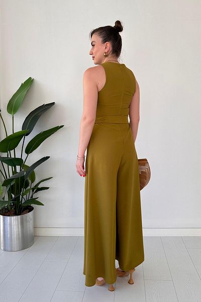 MaziButik Belted Wide Leg Jumpsuit Fat Green