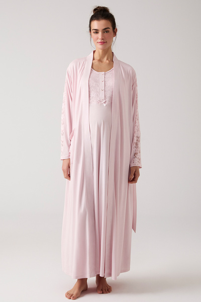 MERCİ MARYA Dantel Detaylı Hamile Lohusa Gecelik Sabahlık Takımı