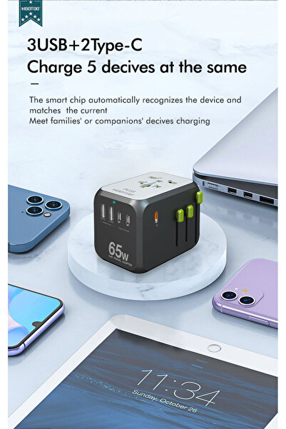 HooToo فيش سفر متعدد المنافذ بمنفذي USB وثلاثة PD – شاحن جداري من هوتو طراز PLUS-MAC03
