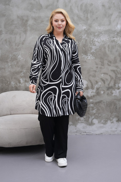 Polologin Butik Black and White Patterned Viscose Tunic
