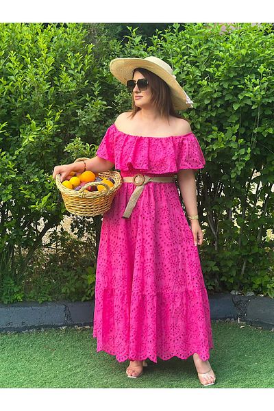 MELTEM TUĞAN Lace Brode Dress with Elastic Shoulder Fussia
