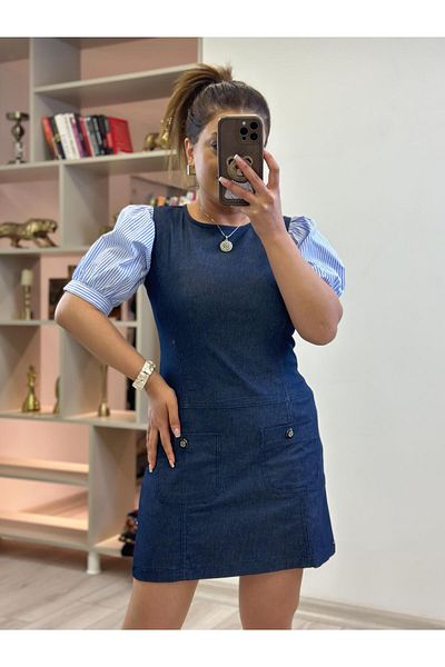 MELTEM TUĞAN Balloon Sleeve Lycra Denim Dress Dark Blue