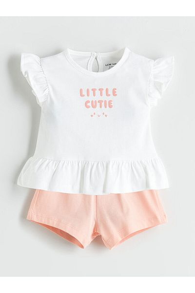LC Waikiki Text Printed Ruffled Baby Girl Blouse and Shorts 2-Piece