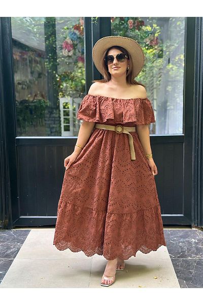 MELTEM TUĞAN Lace Brode Dress with Elastic Shoulder Brown