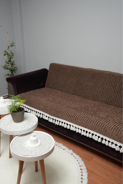 DECORA CASA HOME COLLECTİON غطاء أريكة مخملي مانع للانزلاق، مخطط ومزين بشرّابات