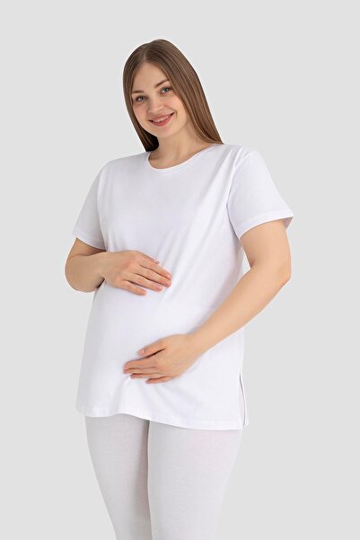Arma Yıldız Cotton Lycra White Short Sleeve Maternity T-Shirt Comfortable and Breathable Maternity Clothing