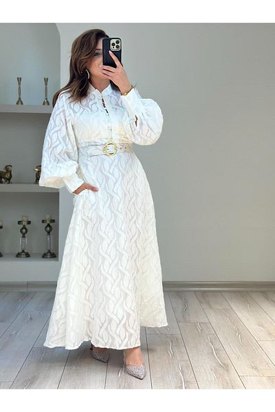 MELTEM TUĞAN Premium Series Lined Belt Detailed Long Dress Ecru