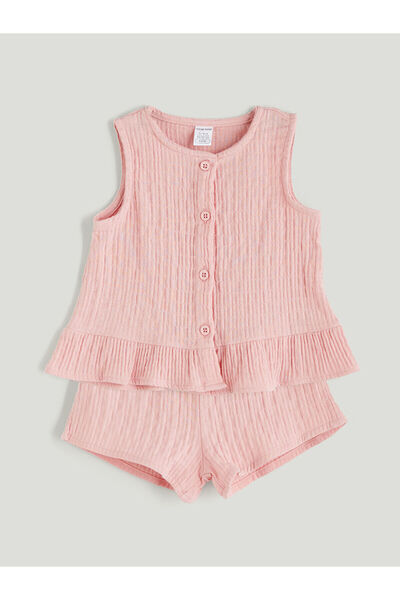 LC Waikiki مجموعة إلسيفا بلوزة وشورت من الموسلين ذو ياقة دائرية باللون الوردي...