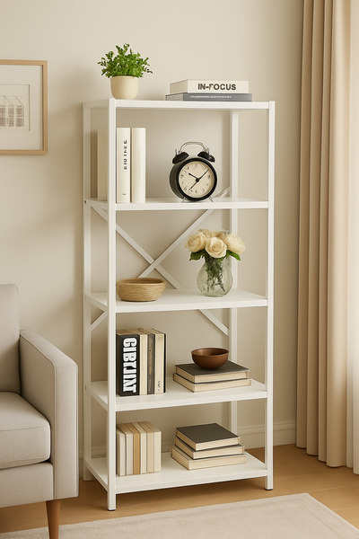 WANDOO Metal Gövdeli 5 Raflı Ahşap Kitaplık Ofis Ev Raf Sistemi Dekoratif Dosya Rafı