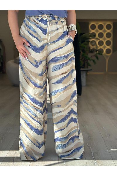 MELTEM TUĞAN Patterned Viscose Wide Trousers with Elastic Waist Ecru Blue