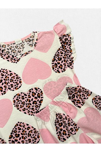 Fil Kids Girls' Cotton Summer Thin Fabric Pink Heart Leopard Print Short-Sleeved Shorts Summer Pajamas Set