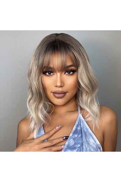 animis beauty Ombre BLOND bob wig, synthetic fiber with natural look, medium wavy hair, with bangs, 36 cm