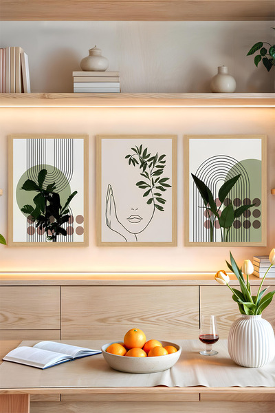 kutuTR 🖼️ Botanik Minimal Yüz – Modern Doğanın Zarafeti 3'lü MDF Tablo Seti ...