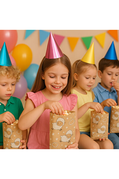 Palifix 20 Adet 12x20 Patlamış Mısır Kese Kağıdı Küçük Boy Kuzu Desenli Popcorn Poşeti