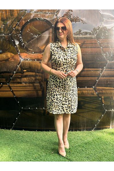 MELTEM TUĞAN Shirt Collar Gold Button Detailed Leopard Dress Black
