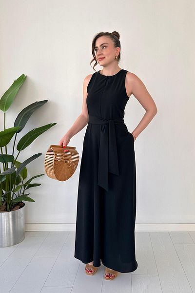MaziButik Belted Wide Leg Jumpsuit Black