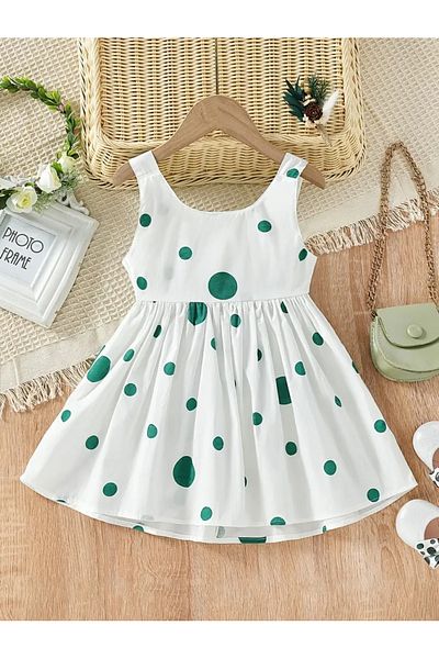 OEM White Cotton Dress With Green Bow, Cotton, 5-6 Years, 120 Cm