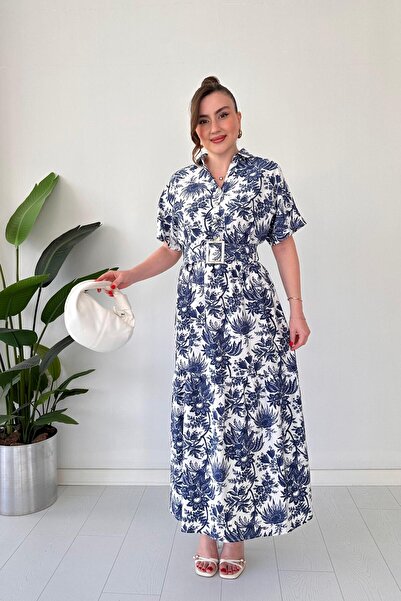 MaziButik Floral Dress with Belt Navy Blue