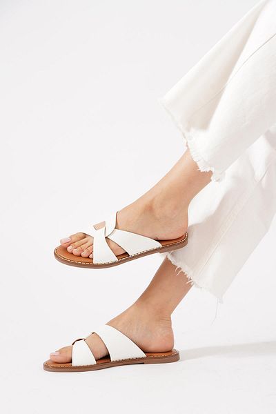Moda Pie Γυναικείες παντόφλες από γνήσιο δέρμα Keslas με λευκό δέρμα