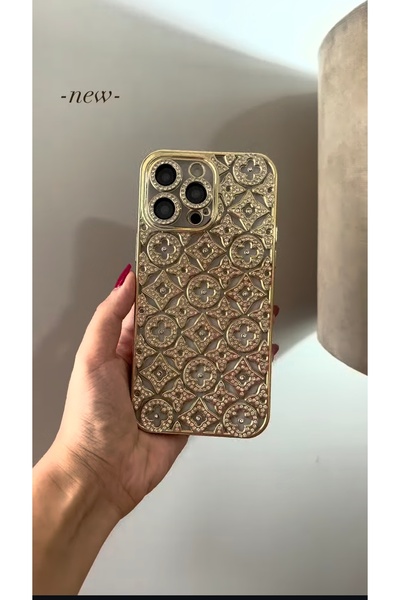 BYEN GİYİM Altın Renkli Dünya Desenli Lüks iPhone 15 Pro Max Kılıf & Uyumlu T...