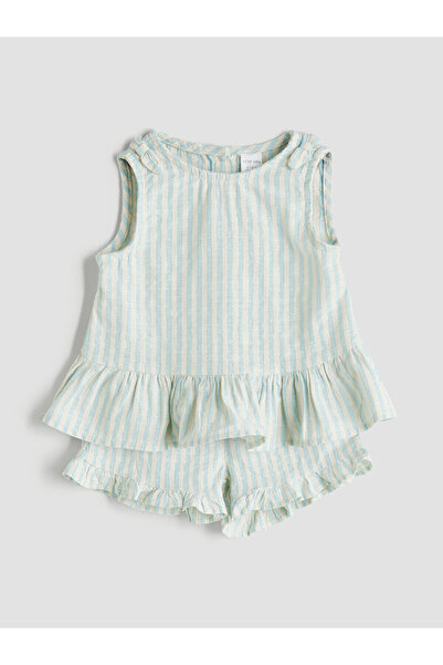 LC Waikiki بلوزة وشورت للفتيات الصغيرات من مجموعة إلسيفا باللون الأزرق مع تفا...