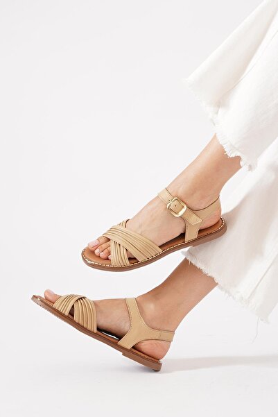 Moda Pie صندل نسائي من الجلد الطبيعي من Seles Cross Strap Biye مصنوع من جلد الجوز