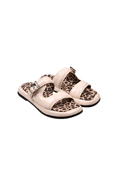 Lady Mia Noya Genuine Leather Buckle Stone Detailed Women's Slippers