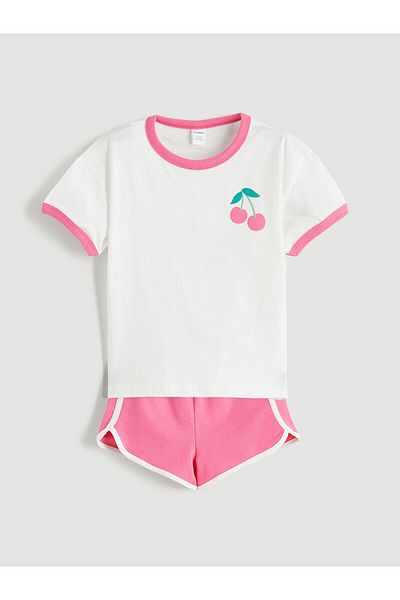 LC Waikiki Cherry Printed Girl's T-Shirt and Shorts 2-Piece