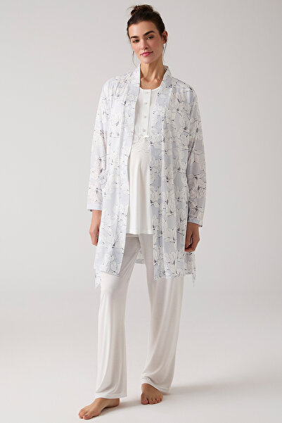 MERCİ MARYA Çiçek Desen Sabahlıklı Hamile Lohusa 3'lü Pijama Takımı