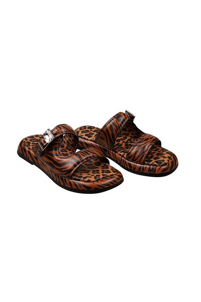 Lady Mia Noya Genuine Leather Buckle Stone Detailed Women's Slippers