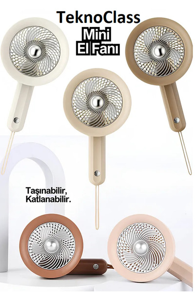 TeknoClass Mini Şarj Edilebilir Taşınabilir Ipli Mini El Fanı Üç Kademe Güçlü Soğutucu Pervane Vantilatör
