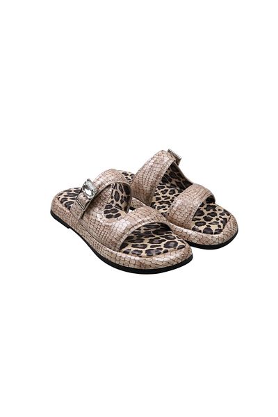 Lady Mia Noya Genuine Leather Buckle Stone Detailed Women's Slippers