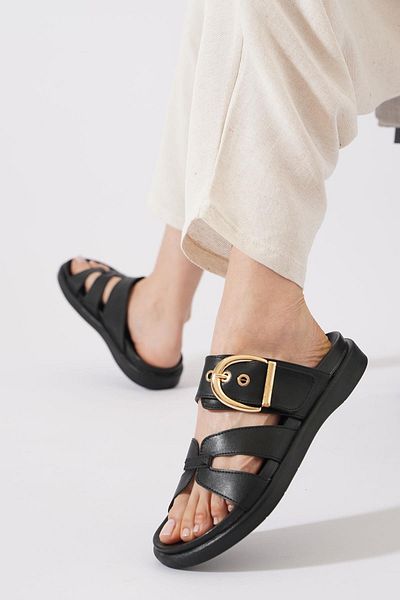 Moda Pie Γυναικείες παντόφλες Oresla Single Buckle Μαύρο δέρμα
